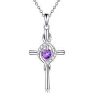 wholesale 925 Sterling Silver Birthstone Cross Pendant Necklace for Women-February-Purple