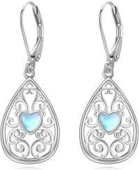 wholesale 925 Sterling Silver Teardrop Heart Moonstone & Turquoise Leverback Drop Earrings for Women-Filigree Moonstone