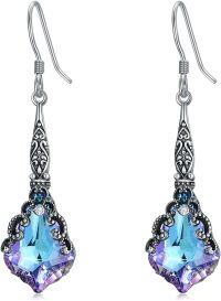 wholesale 925 Sterling Silver Blue Austrian Crystal Drop Earring with Purple Accents and Antique Finish - 16mm Length-Filigree