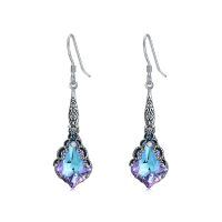 wholesale 925 Sterling Silver Blue Austrian Crystal Drop Earring with Purple Accents and Antique Finish - 16mm Length-Filigree