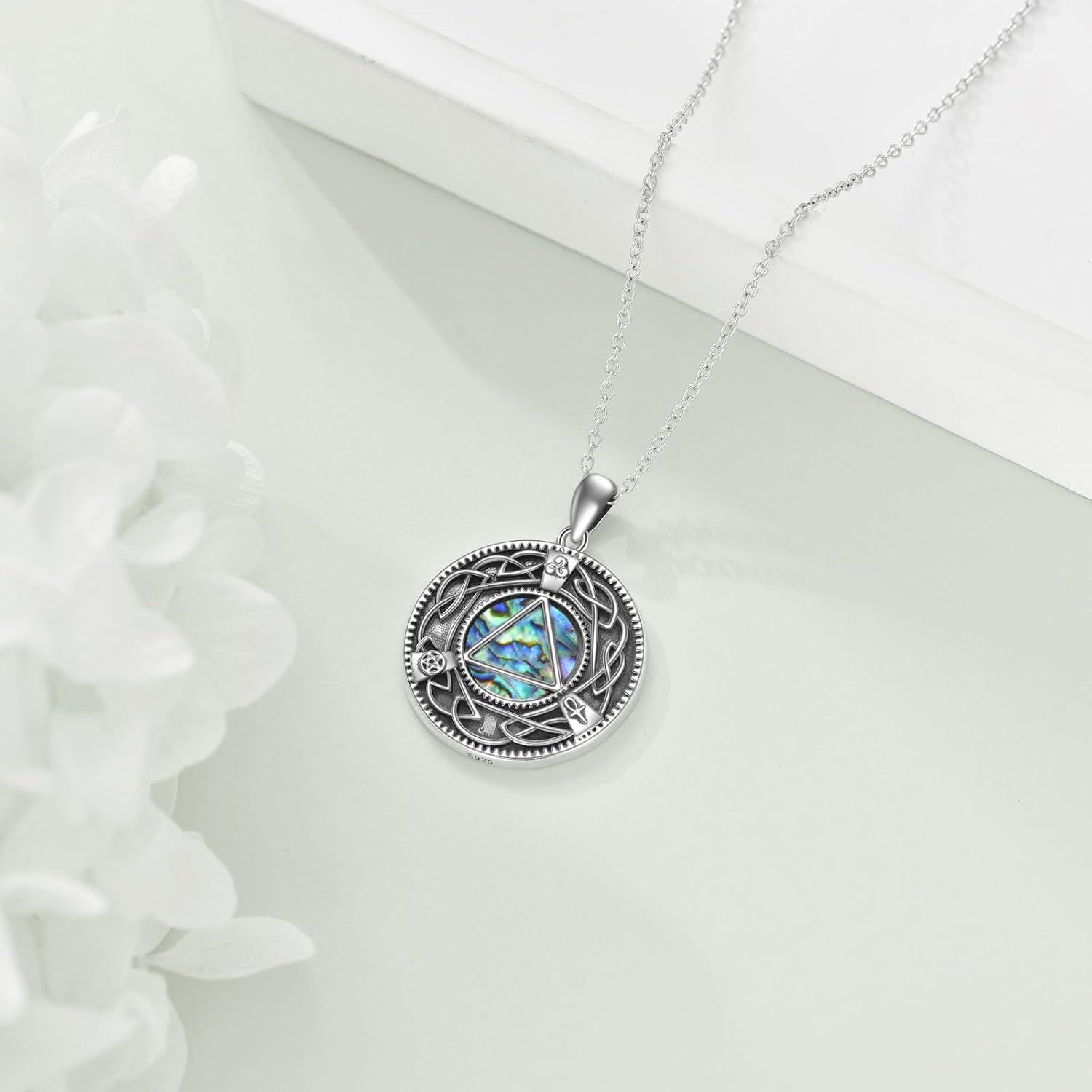 wholesale 925 Sterling Silver Abalone Shell Triquetra Pentagram Ankh Cross Heart Pendant Necklaces for Women-0-2