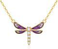 wholesale 14K Gold Purple Enamel Dragonfly Pendant Necklace with Cubic Zirconia - Gifts for Her-0-0