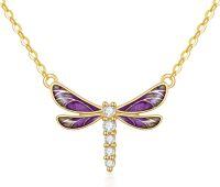 wholesale 14K Gold Purple Enamel Dragonfly Pendant Necklace with Cubic Zirconia - Gifts for Her-Dragonfly
