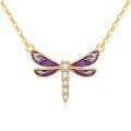 wholesale 14k Yellow Gold Dragonfly Pendant Necklace With Purple Enamel And Lab Diamond-0-0