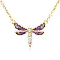 wholesale 14k Yellow Gold Dragonfly Pendant Necklace With Purple Enamel And Lab Diamond-Dragonfly
