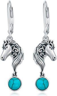 wholesale Sterling Silver Vintage Green Turquoise Elephant Fox Horse Dolphin Dangle Leverback Earrings-Horse
