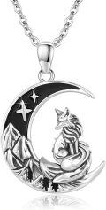 wholesale 925 Sterling Silver Gothic Black & White Wolf on Crescent Moon Pendant Necklace for Women Girls' Gifts-0-0