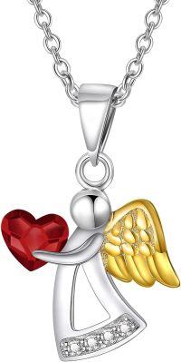wholesale 925 Sterling Silver Red Heart & Gold Wings Guardian Angel Pendant Necklace for Women's Birthdays Gifts-Red