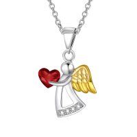 wholesale 925 Sterling Silver Red Heart & Gold Wings Guardian Angel Pendant Necklace for Women's Birthdays Gifts-Red