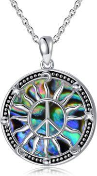 wholesale 925 Sterling Silver Abalone Shell Round Peace Sign Pendant Necklace for Women-04-Abalone Shell Peace Sign Necklace