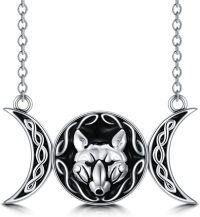 wholesale 925 Sterling Silver Black Enamel Triple Wolf Head Pendant Necklace for Women Girls  45cm Chain Length-Wolf & Triple Moon Goddess