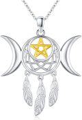 wholesale 925 Sterling Silver Gold-Plated Moonstone Triple Moon Goddess Pentagram Feather Dreamcatcher Pendant Necklace-0-0