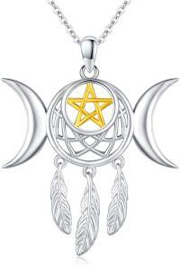wholesale 925 Sterling Silver Gold-Plated Moonstone Triple Moon Goddess Pentagram Feather Dreamcatcher Pendant Necklace-Triple Moon Goddess