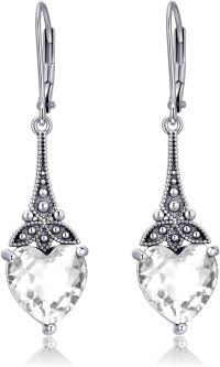 wholesale Sterling Silver 10mm Heart Crystal Leverback Vintage Drop Dangle Earrings-White Crystal