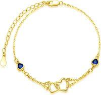 wholesale Sterling Silver Cubic Zirconia Double Heart Chain Jewelry for Women-Bracelet 7''-9''-09 Sept - Sapphire-Yellow Gold