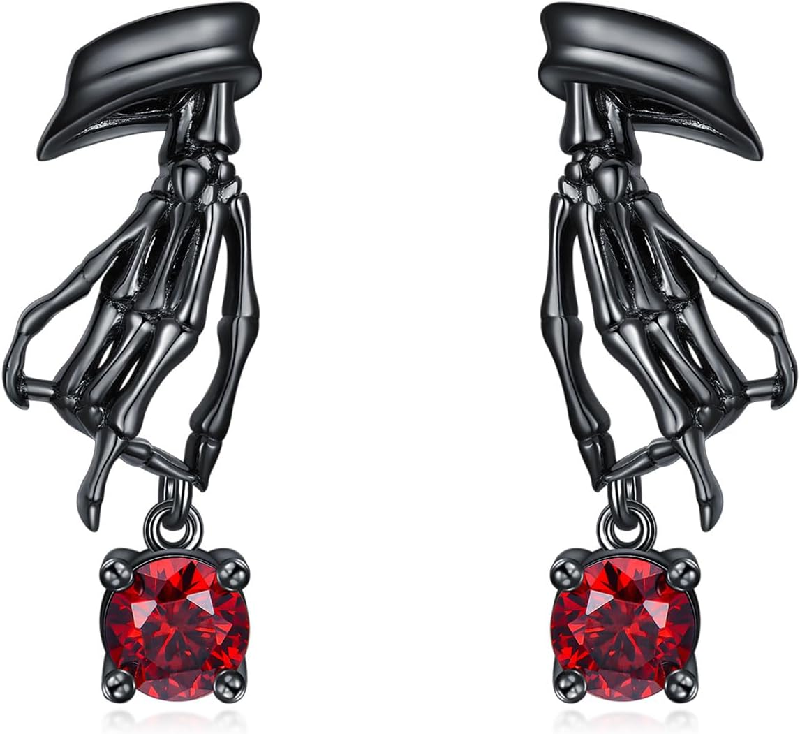 wholesale 925 Sterling Silver Skeleton Hand Red Crystal Dangle Stud Earrings Gothic-0-0