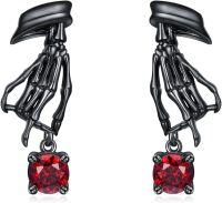 wholesale 925 Sterling Silver Skeleton Hand Red Crystal Dangle Stud Earrings Gothic-Skull Hand