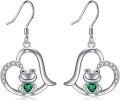 wholesale 925 Sterling Silver Heart-Shaped Frog Drop Earrings with Green Crystal Accents-0-0