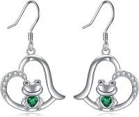 wholesale 925 Sterling Silver Heart-Shaped Frog Drop Earrings with Green Crystal Accents-Frog Earrings