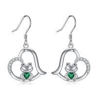 wholesale 925 Sterling Silver Heart-Shaped Frog Drop Earrings with Green Crystal Accents-Frog Earrings