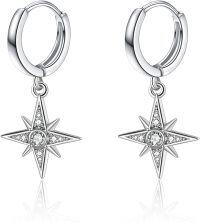 wholesale 925 Sterling Silver North Star Drop Huggie Hoop Earrings with Cubic Zirconia - 3 Colors Available-Polaris Star Hoop Earrings