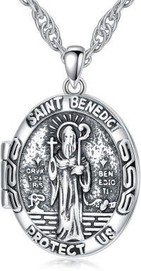 wholesale Sterling Silver Photo Locket Saint Pendant Necklace Religious Jewelry Gift-Customized Photos+Test St Benedict-Locket Only St Benedict-Customized Photos St Benedict-Customized Text St Benedict