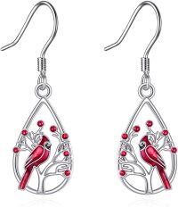 wholesale 925 Sterling Silver Cardinal Bird Tree Branch Drop Earrings with Red Enamel and Crystal Accents for Women-Cardinal