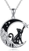 wholesale 925 Sterling Silver Abalone Shell Crescent Moon & Star Black Cat Pendant Necklace for Women Girls - Tree of Life Design Unique Gifts for Cat Lovers (Black)-0-0