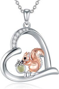 wholesale 925 Sterling Silver Heart Pendant Necklace w/ 3D Squirrel Charm & Cubic Zirconia Stones - Gifts for Girls and Women-Squirrel Necklace