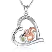 wholesale 925 Sterling Silver Heart Pendant Necklace w/ 3D Squirrel Charm & Cubic Zirconia Stones - Gifts for Girls and Women-Squirrel Necklace
