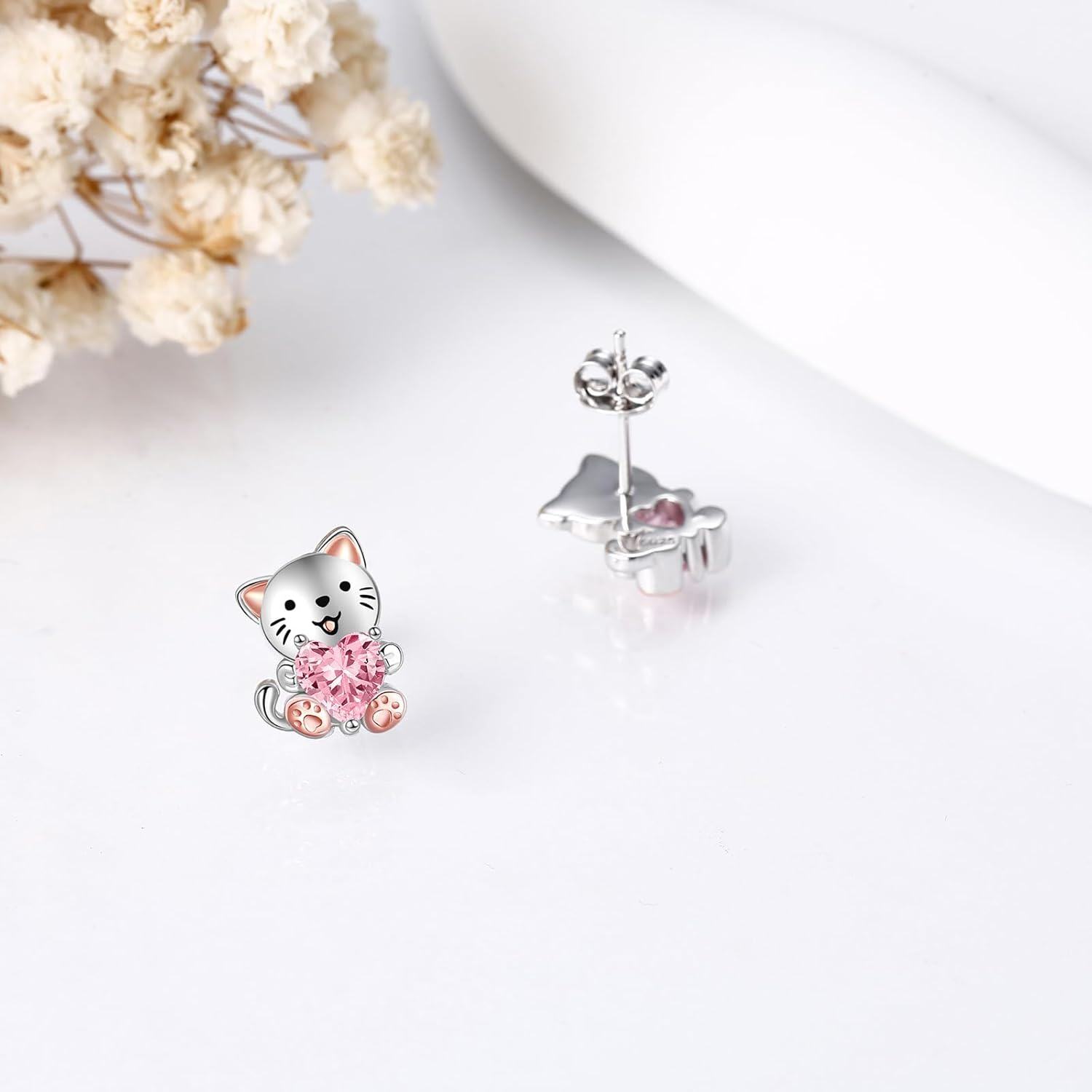 925 Sterling Silver Pink Heart Cat Stud Earrings Adorable Kitty Jewelry for Girls and Women-0-4