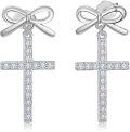 wholesale 925 Sterling Silver Bow and Cross Stud Earrings with Cubic Zirconia - Religious Faith  for Women-0-0