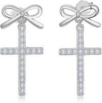 wholesale 925 Sterling Silver Bow and Cross Stud Earrings with Cubic Zirconia - Religious Faith  for Women-Silver