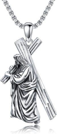 wholesale 925 Sterling Silver &  Jesus Carrying the Cross Pendant Necklaces for Men/Women-V Jesus Cross Necklace B