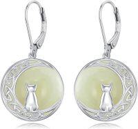 wholesale 14K Gold Plated Sterling Silver Round Natural Jade Earrings for Women-C-Cat-White Gold