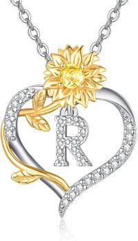 wholesale Gold Plated Sterling Silver Sunflower Letter Heart Pendant Necklace for Women-Letter R