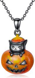 wholesale 925 Sterling Silver Black Cat on Orange Jack-o'-Lantern Pendant Necklace - Halloween  for Women and Men-0-0