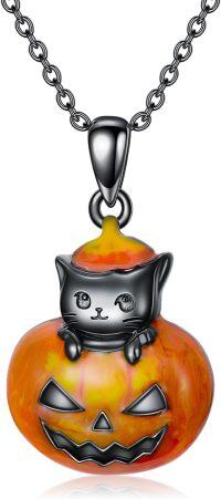 wholesale 925 Sterling Silver Black Cat on Orange Jack-o'-Lantern Pendant Necklace - Halloween  for Women and Men-Cat 1