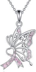 wholesale 925 Sterling Silver Pink Crystal Butterfly Ribbon Breast Cancer Awareness Pendant Necklace-0-0