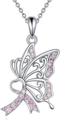 wholesale 925 Sterling Silver Pink Crystal Butterfly Ribbon Breast Cancer Awareness Pendant Necklace-butterfly