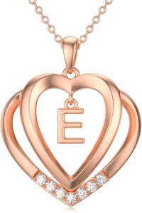 wholesale Sterling Silver Moissanite Heart Initial Pendant Necklace for Her-Rose Gold - E Initial