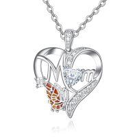 wholesale 925 Sterling Silver Mom Heart Pendant Necklace Orange Butterfly Crystal Platinum Plated-Mom Necklace