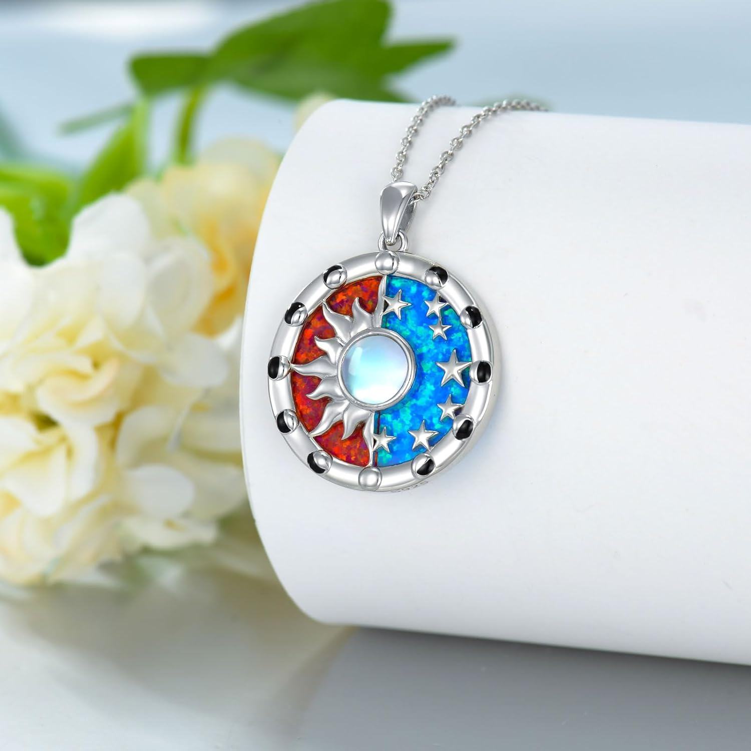 925 Sterling Silver Sun & Moon Opal Stone Pendant Necklaces for Women Gifts-0-2