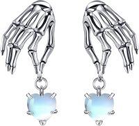 wholesale Sterling Silver Skull Skeleton Hand Drop Earrings Gothic Christmas Jewelry Gifts for Women-Moonstone