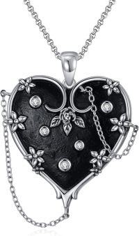 wholesale 925 Sterling Silver Gothic Heart Pendant with Black Enamel and Floral Accents-A-Heart 1