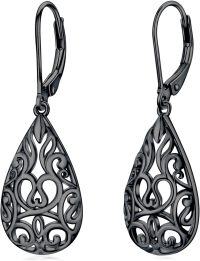 wholesale Rose Gold Gold Plated Moonstone Abalone Turquoise Blue Green Crystal Teardrop Filigree Leverback Earrings-Filigree Black