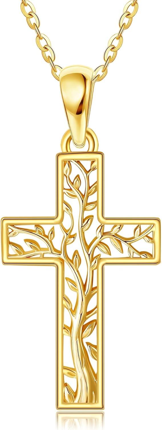 wholesale 14K Gold Solid Tree of Life Cross Pendant Necklace Jewelry for Women-0-0