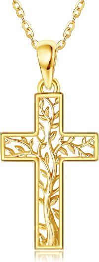wholesale 14K Gold Solid Tree of Life Cross Pendant Necklace Jewelry for Women-Tree of Life Cross