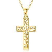wholesale 14K Gold Solid Tree of Life Cross Pendant Necklace Jewelry for Women-Tree of Life Cross