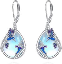 wholesale Sterling Silver Moonstone Dragonfly Butterfly Bee Hummingbird Owl Dog Cat Feather Axolotl Earrings for Women-hummingbird earrings